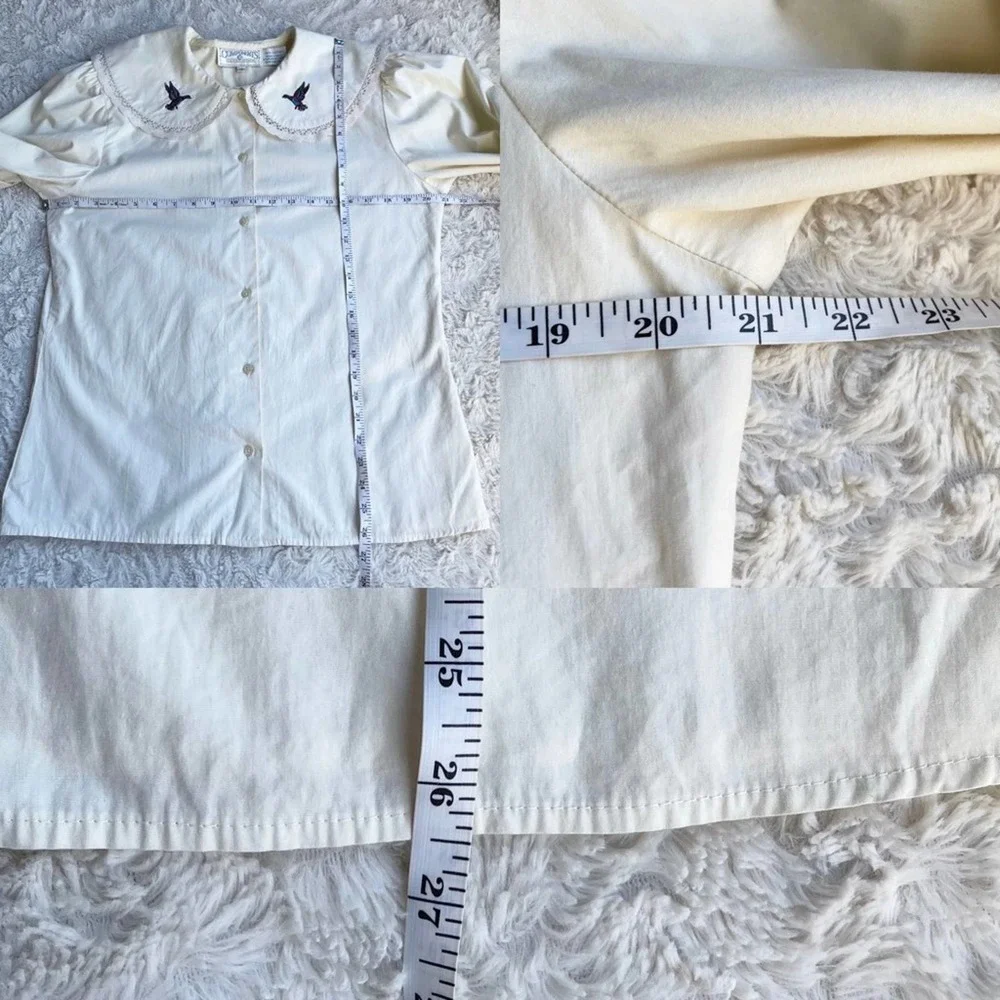 Vintage exaggerated collar embroidered bird lace trimmed button-up blouse cream - Picture 5 of 17